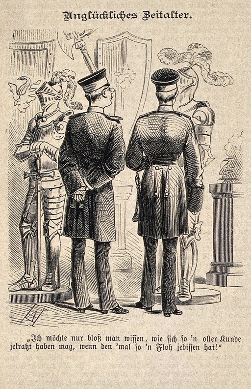 Two military men standing in front of two coats of amour and remarking how unfortunate it must have been to wear armour when bitten by a flea. Wood engraving by A.H.
