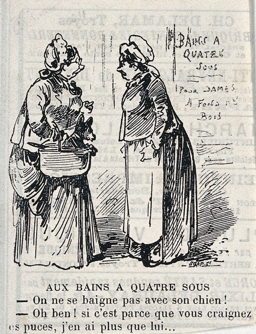 A woman carrying a dog in a basket being refused entry to public baths by a female attandant who fears her dog may be infested with fleas. Wood engraving by S. Gap(?).