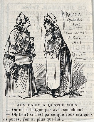 A woman carrying a dog in a basket being refused entry to public baths by an attandant who fears that the dog may be infested with fleas: the dog's owner retorts that she herself has more fleas. Wood engraving by S. Gap(?).