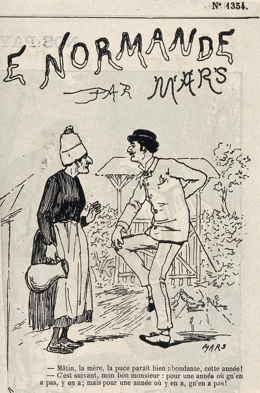 A man clutching his right knee (having been bitten by a flea) talking to an old woman who carries a jug in her right hand. Line block after a wood engraving by Mars.