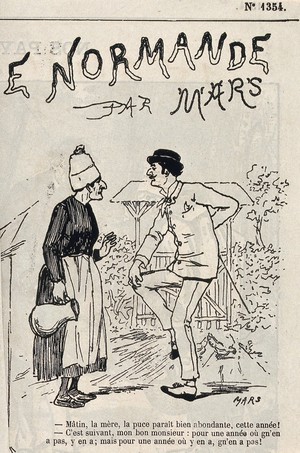 view A man clutching his right knee (having been bitten by a flea) talking to an old woman who carries a jug in her right hand. Line block after a wood engraving by Mars.