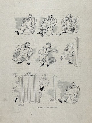 Eight illustrations of a man being bitten by a flea. Line block after a wood engraving by Michelet after Godefroy.