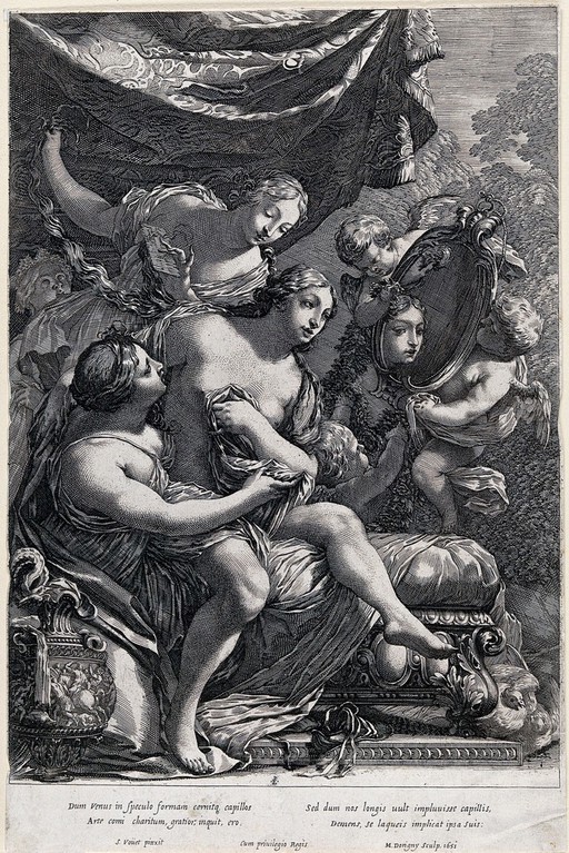 Venus at her toilet; she sits on the lap of a female attendant, another attendant combs her hair and two cherubs hold a mirror in which she admires her own beauty. Engraving by M. Dorigny, 1651, after S. Vouet.