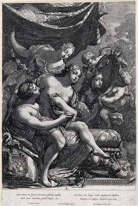 Venus at her toilet, assisted by the three Graces; she sits on the lap of one of them, another combs her hair, and two cupids hold a mirror in which she admires her own beauty. Engraving by M. Dorigny, 1651, after S. Vouet.