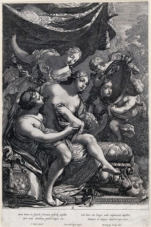 view Venus at her toilet, assisted by the three Graces; she sits on the lap of one of them, another combs her hair, and two cupids hold a mirror in which she admires her own beauty. Engraving by M. Dorigny, 1651, after S. Vouet.