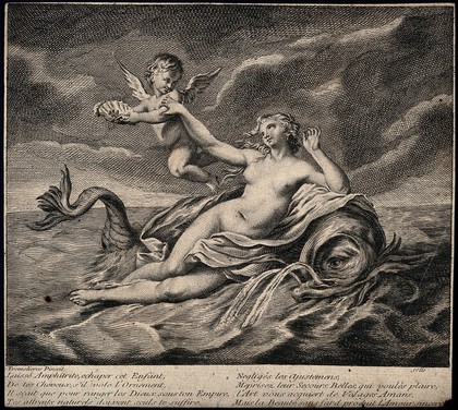 Venus reclining upon a fish in the sea; Cupid flies above her holding an oyster shell and pearls. Engraving after P.C. Tremolière.