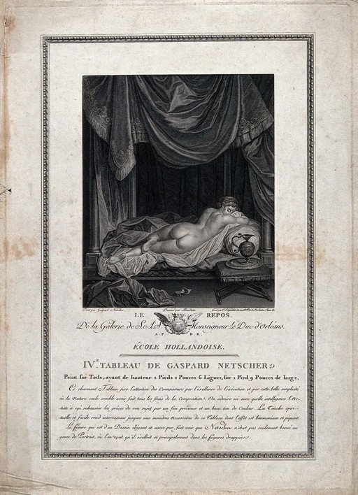 Venus reclining on a bed. Engraving by C.E. Gaucher after Beaudoin after C. Netscher.