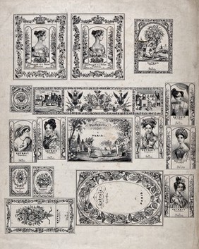 Sixteen designs of labels for perfume. Lithograph.