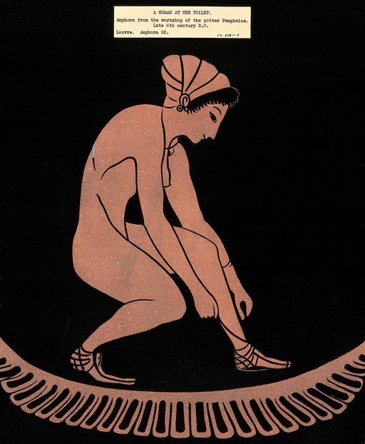 A woman tying her sandal. Gouache painting.