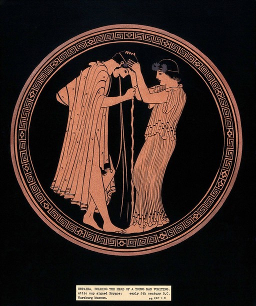 A woman holding the head of a man who is vomiting. Gouache painting.