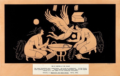 Two women crouching over a wash-basin; a winged human hovers above. Gouache painting.
