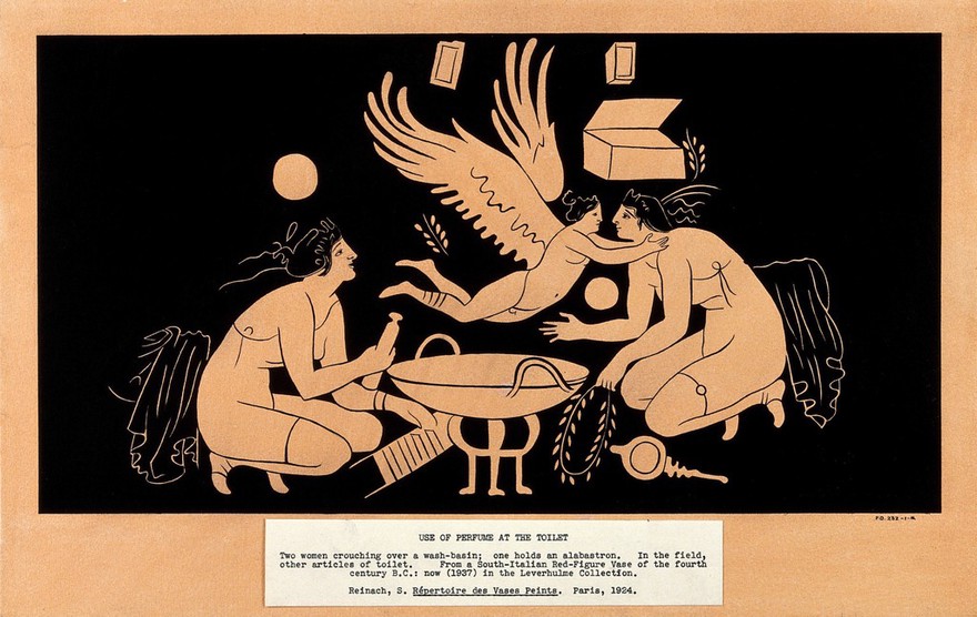 Two women crouching over a wash-basin; a winged human hovers above. Gouache painting by S.W. Kelly, 1937.