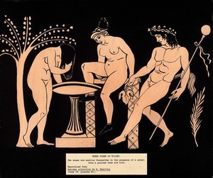 view Two women at a wash-basin; to the right is a man with the attributes of an initiate of Dionysus. Gouache painting by S.W. Kelly, 1937.