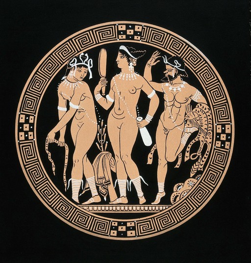 Two women at their toilet, a satyr looks on. Gouache painting.