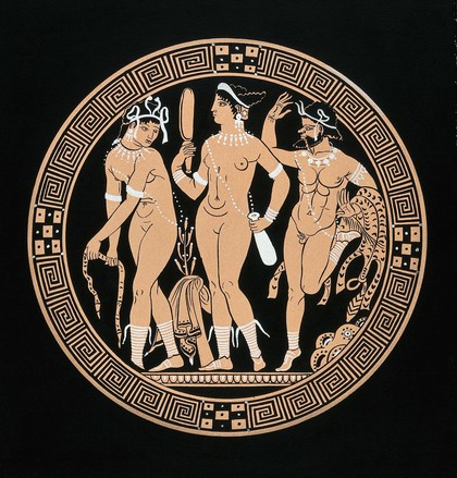 Two women at their toilet, a satyr looks on. Gouache painting by S.W. Kelly, 1937.