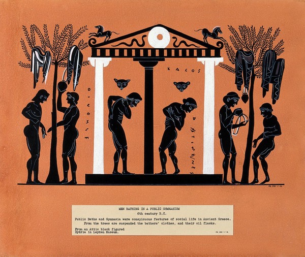 Men bathing in a public gymnasium. Gouache painting by S.W. Kelly, 1937, after the Antimenes Painter.