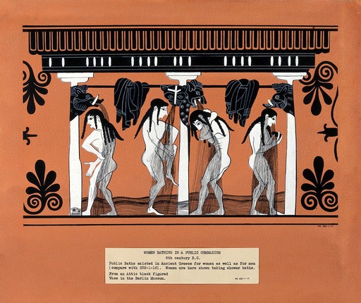 Women bathing in a public gymnasium. Gouache painting.