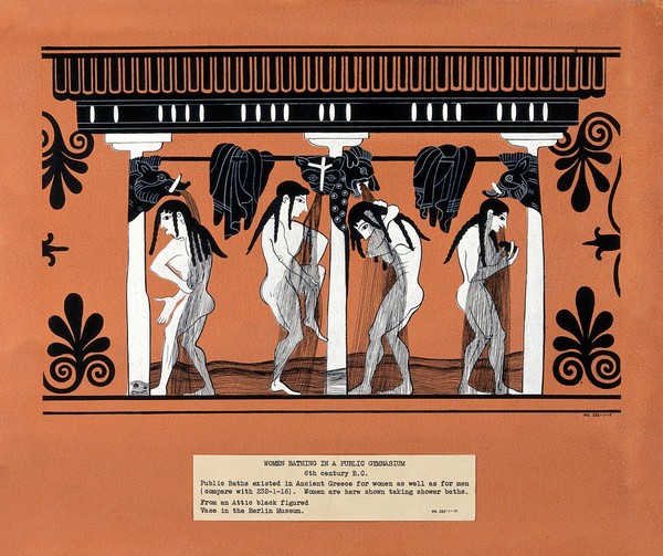 Women bathing in a public gymnasium. Gouache painting by S.W. Kelly, 1937.