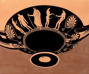 view Bowl decorated with young men using strigils. Gouache painting by S.W. Kelly, 1937.