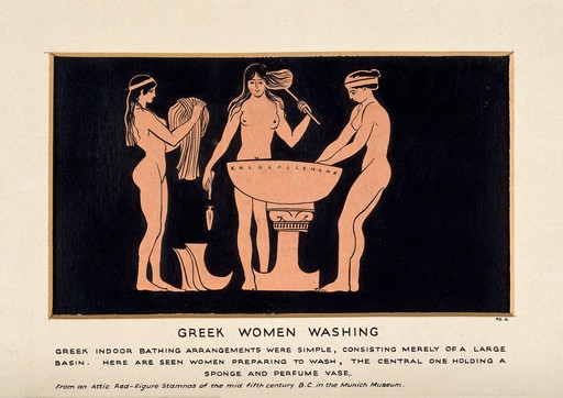 Greek women washing. Gouache painting.