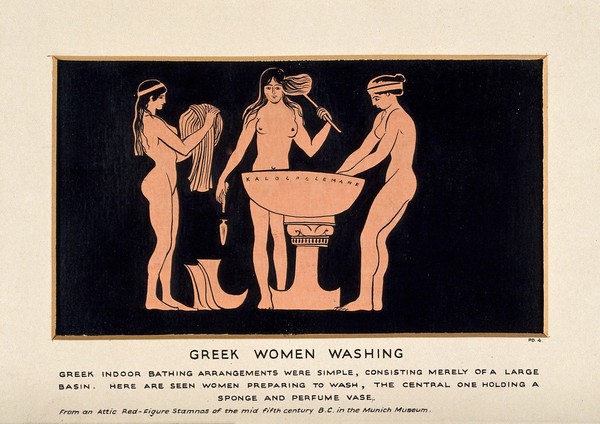 Greek women washing. Gouache painting by S.W. Kelly, c. 1937.
