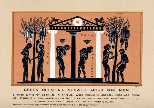Greek open-air shower baths for men. Gouache painting.