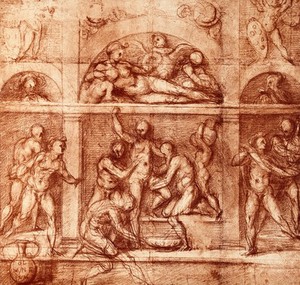 view A man being given a bath by three attendants surrounded by other nude figures. Colour process print after J. Carucci, il Pontormo.