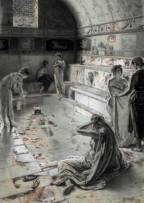 Ancient Roman women bathing in a public bath in London. Coloured drawing by F. Matania, 1922.