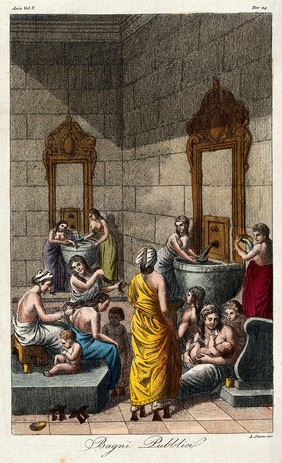 Women and children washing in public baths. Coloured engraving by A. Sasso.