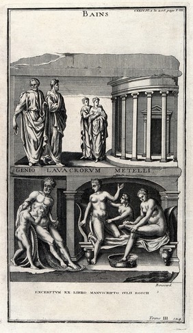 Men and women standing outside a public bath-house above; men and women inside a public bath being washed by attendants, below. Engraving after Boissard.