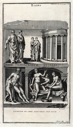 view Men and women standing outside a public bath-house above; men and women inside a public bath being washed by attendants, below. Engraving after Boissard.