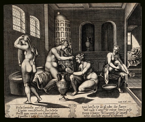 Women bathing in a public bath. Engraving.