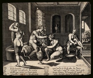 view The story of Cupid and Psyche: inside the palace, Psyche, shown five times, is undressed, bathed, anointed, dried and laid to bed by invisible nymphs. Engraving by Agostino Veneziano, 15--, after M. Coxie, 153-.