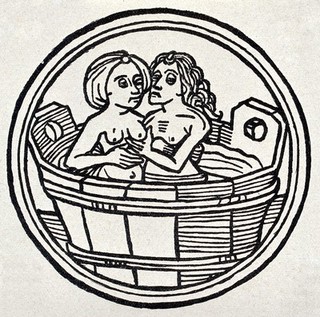 A young woman and an old woman in a bath tub. Reproduction of a woodcut, 1495.