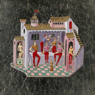 A house with a turret: to the left a woman is bathing, to the right another woman is wringing out clothes, and in the centre five men are juggling plates, all in a mediaeval style. Painting on silver foil by John Armstrong.