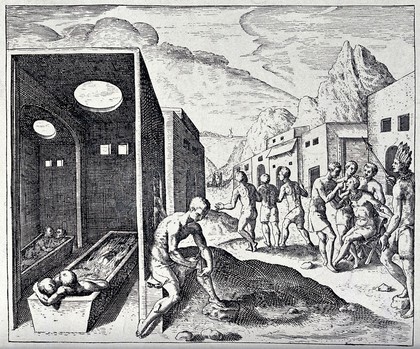 To the left four people are sharing baths, in the centre a man pulls a worm from his leg, and to the right another man is being treated for an eye disease. Reproduction of an engraving.