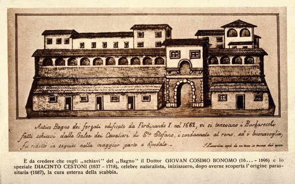 A bath-house for galley-slaves, in which the first treatment of scabies was said to have been undertaken. Process print after a drawing.