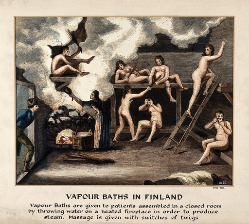 Female patients taking a vapour bath. Coloured wood engraving by O. Sörling.