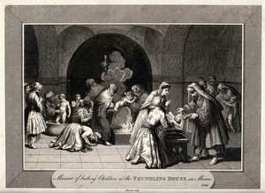 view Children being bathed at a bath-house in a foundling hospital in Moscow. Engraving by C. Warren, c. 1810, after B. Picart.