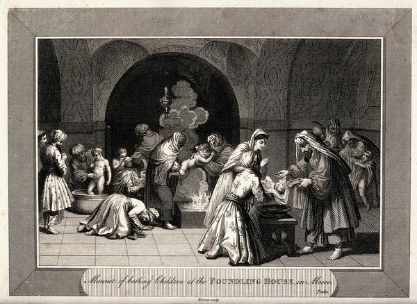 Children being bathed at a bath-house in a foundling hospital in Moscow. Engraving by C. Warren, c. 1810, after B. Picart.