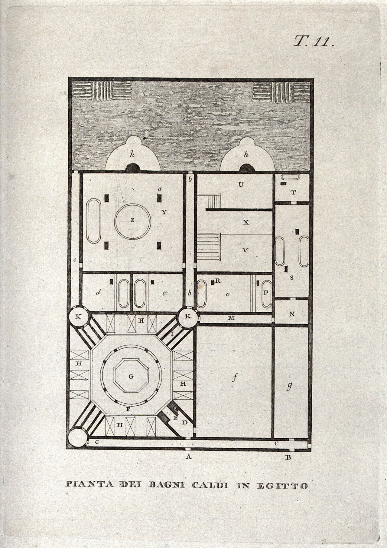 A plan of an Egyptian bath-house. Engraving with aquatint by G.B. Cecchi., 1808, by Giovanni Battista Cecchi