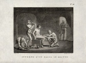 view The interior of an Egyptian bath-house; a seated man is being washed and attended to by four male servants. Engraving by G.B. Cecchi after V. Denon.