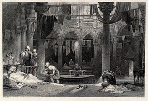 view Outer cooling room of a Turkish bath-house. Engraving by T.A. Prior after T. Allom.