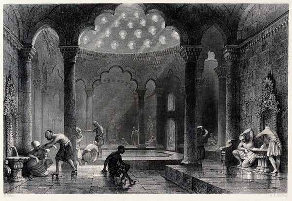 A Turkish bath. Engraving by M.J. Starling after T. Allom.