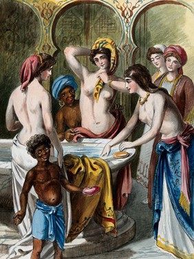 Three women in a harem at their ablutions. Watercolour painting, 18--.