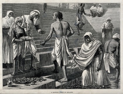 People bathing at Benares. Wood engraving.