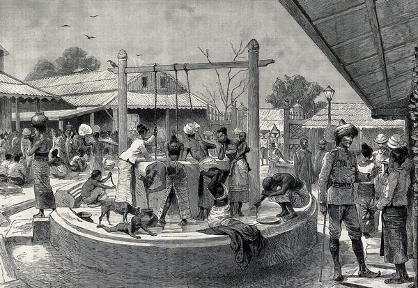 Burmese washing with water from a well in a market place in Mandalay. Wood engraving.