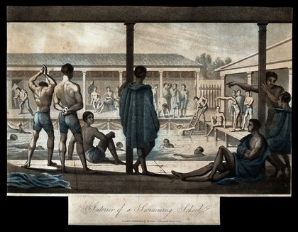 Young men bathing and relaxing at a swimming school. Coloured aquatint, 1822.