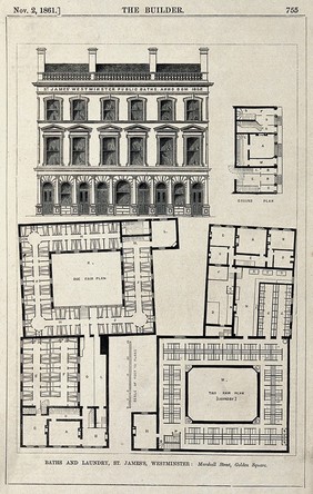 Baths and laundry in Marshall Street, Soho: elevation above and plans below. Wood engraving, 1861.