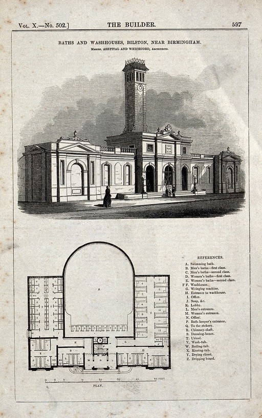 Baths and wash-houses, Bilston, near Birmingham: above; plan of the baths and wash-houses below. Wood engraving.